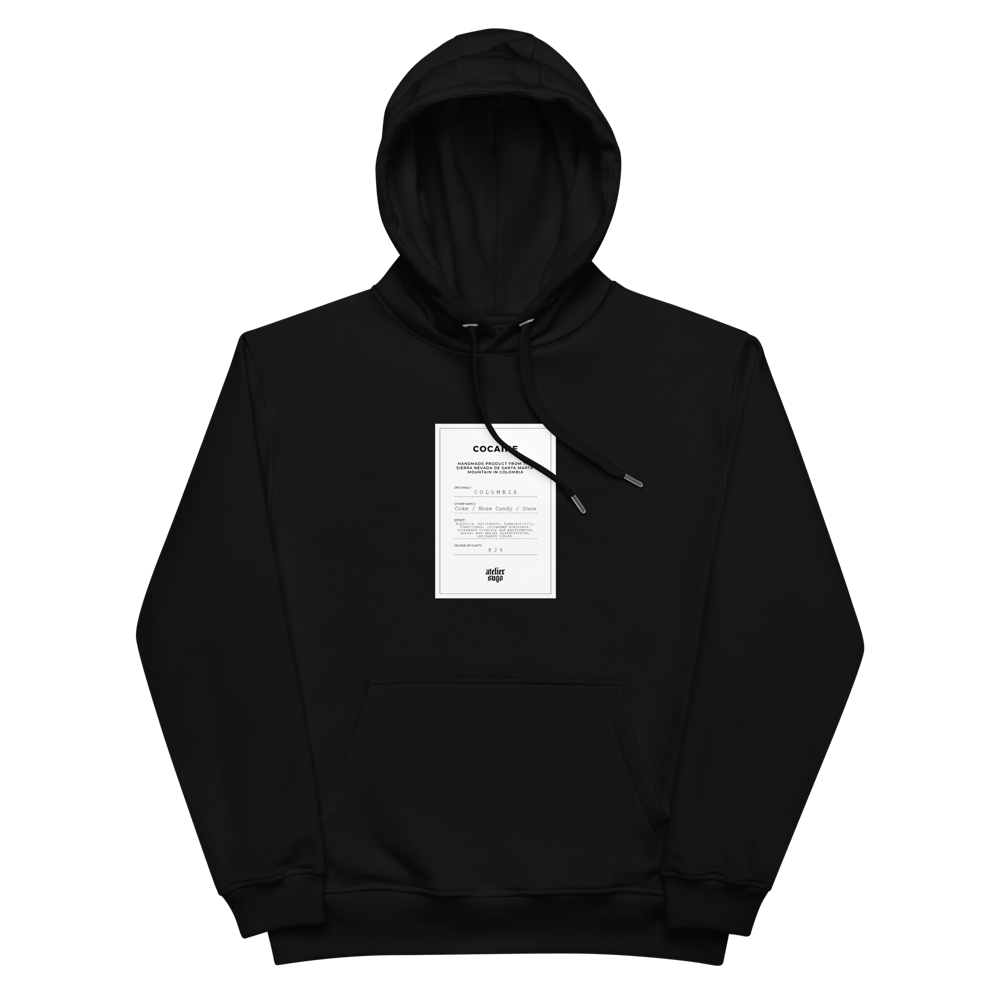 "COCAINE" 300 g/m² BLACK UNISEX ECO PREMIUM HOODIE PRINT ON FRONT