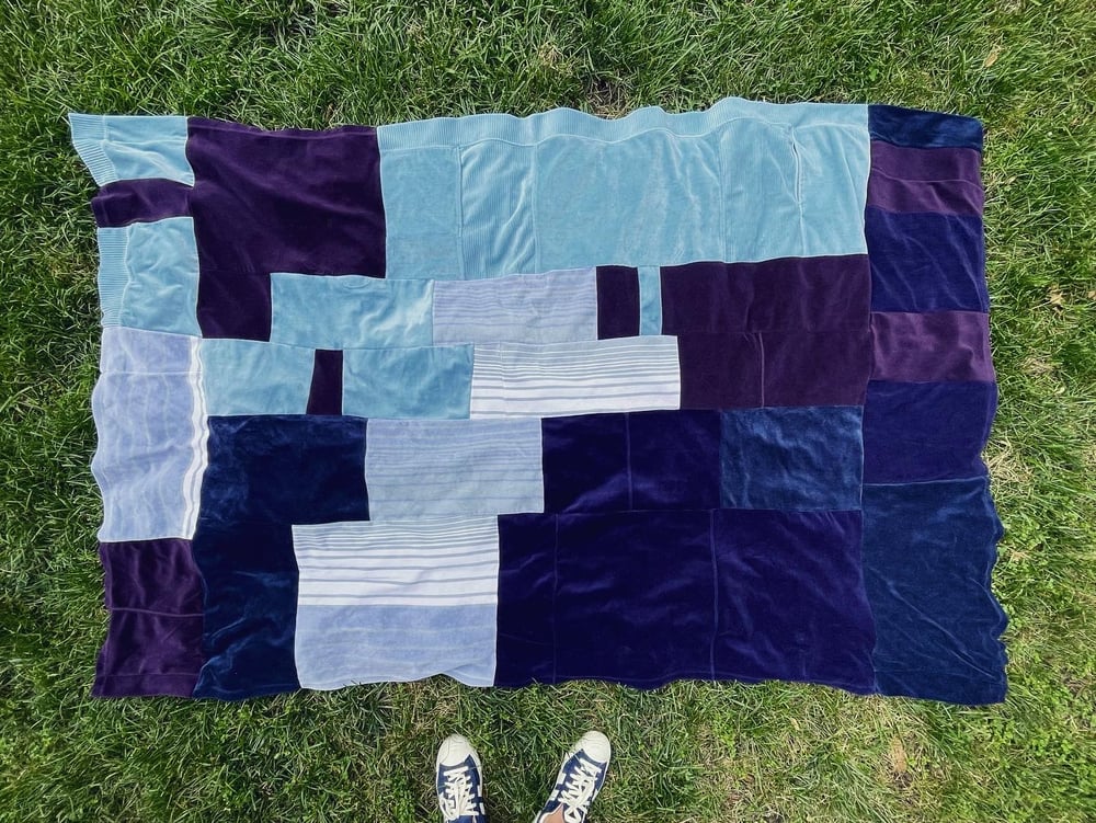 Image of velour velvet plush purple blue navy patchwork warm upcycled courtneycourtney blanket throw block