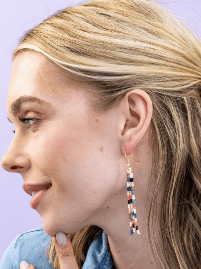 Image of June Mini Checked Pattern Petite Beaded Fringe Earrings Multi-Check