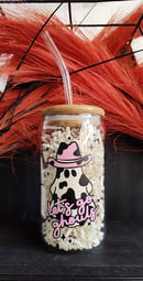 Lets Go Ghouls Ghost Halloween Glass Iced Coffee Cup With Bamboo Lid 