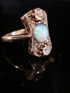 Edwardian 18ct rose gold natural solid opal and old cut diamond ring