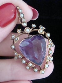 Image 2 of Edwardian 9ct yellow gold large amethyst and seed pearl heart pendant