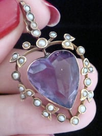 Image 3 of Edwardian 9ct yellow gold large amethyst and seed pearl heart pendant