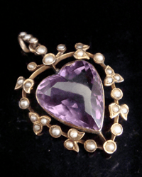 Image 1 of Edwardian 9ct yellow gold large amethyst and seed pearl heart pendant