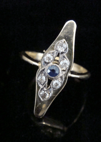 Image 1 of Edwardian Platinum 18ct yellow gold old cut diamond sapphire marquis ring