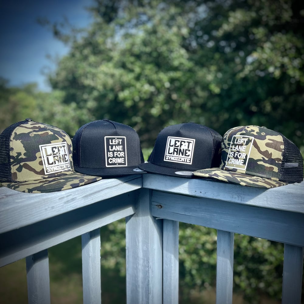 Image of Left Lane Is For Crime and Left Lane Syndicate printed hats