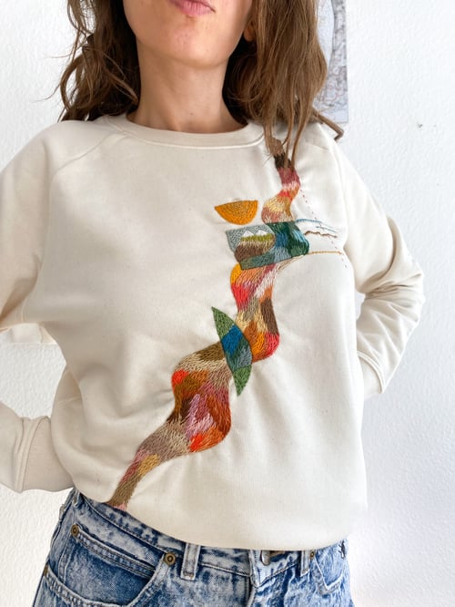 Image of Intuitive hand embroidery into the River of hopes, organic cotton crewneck, one of a kind