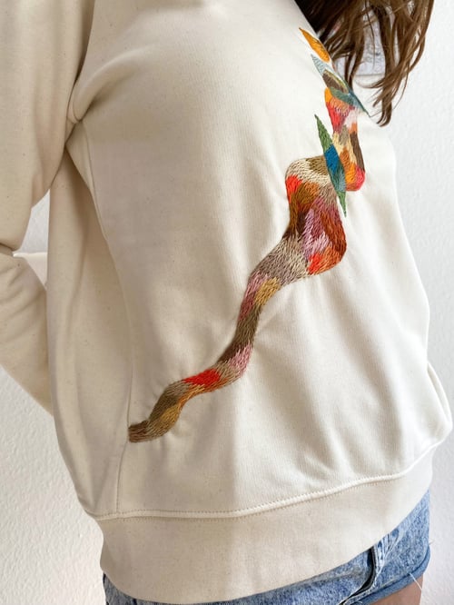 Image of Intuitive hand embroidery into the River of hopes, organic cotton crewneck, one of a kind