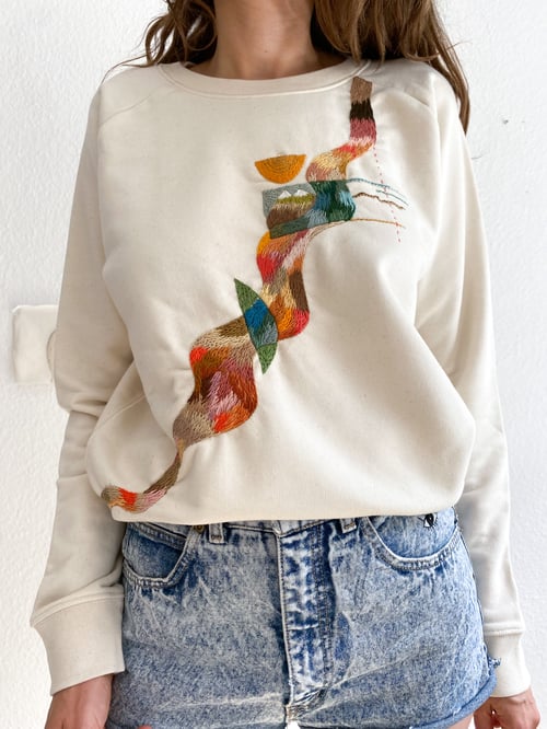 Image of Intuitive hand embroidery into the River of hopes, organic cotton crewneck, one of a kind