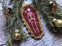 Image 1 of Burgundy Coffin Skeleton Embroidered  6 x 10.5cm DECORATION