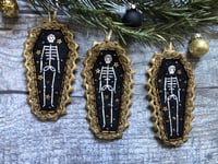 Image 2 of Festive Black Coffin Skeleton Embroidered 6 x 10.5cm DECORATION
