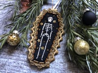 Image 1 of Festive Black Coffin Skeleton Embroidered 6 x 10.5cm DECORATION