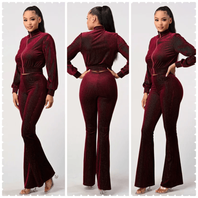 Image of 3PACK Velvet 2Pieces Bomber Jacket and Flare Pants Set-Burgundy