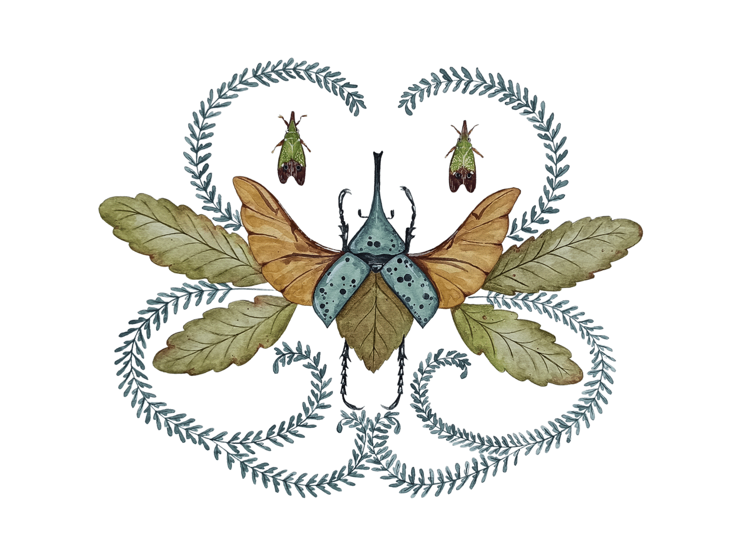 Image of Beetles & Ferns Watercolor Illustration PRINT 