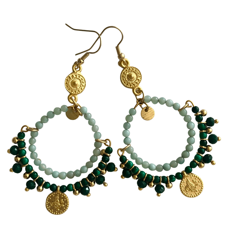 Ltd Ed - Gold Ariadne Hoop Earrings - Anazonite & Malachite