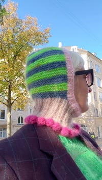 Image 2 of Soriano: Sofie and Iris Striped Navy, Neon Green, Light Brown, Light and Dark Pink Mohair Balaclava