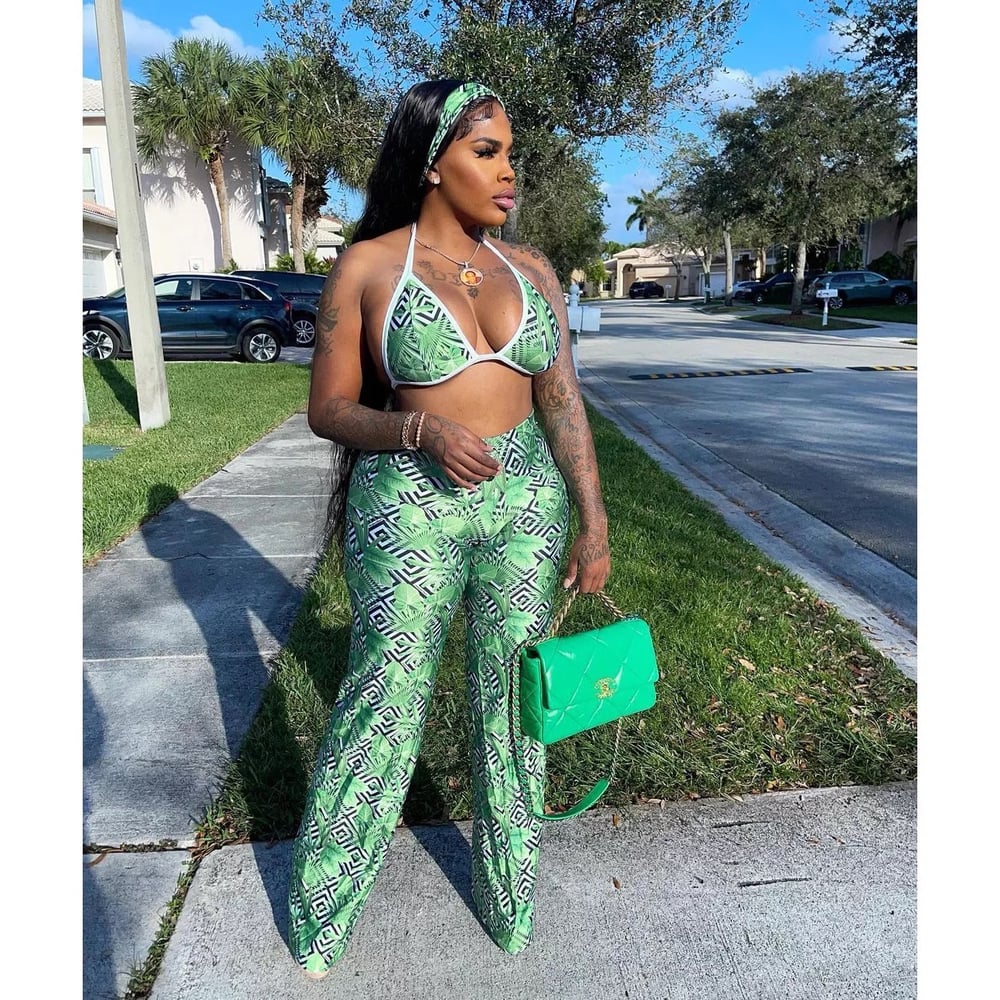 Image of Sexy Woman Bra Set Include Scarf Fashion Leaf Print 2 Piece Pants Sets Women