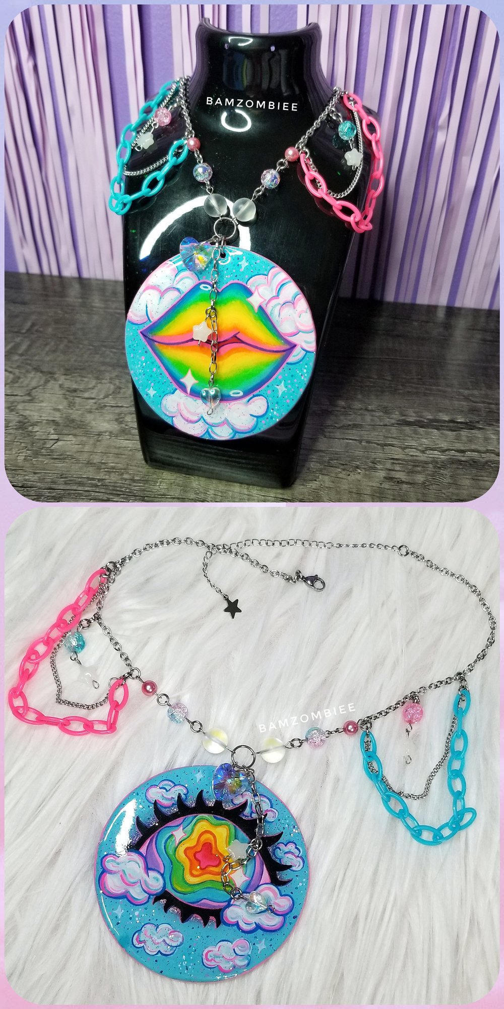 Image of hand-painted rainbow eye & lip necklace