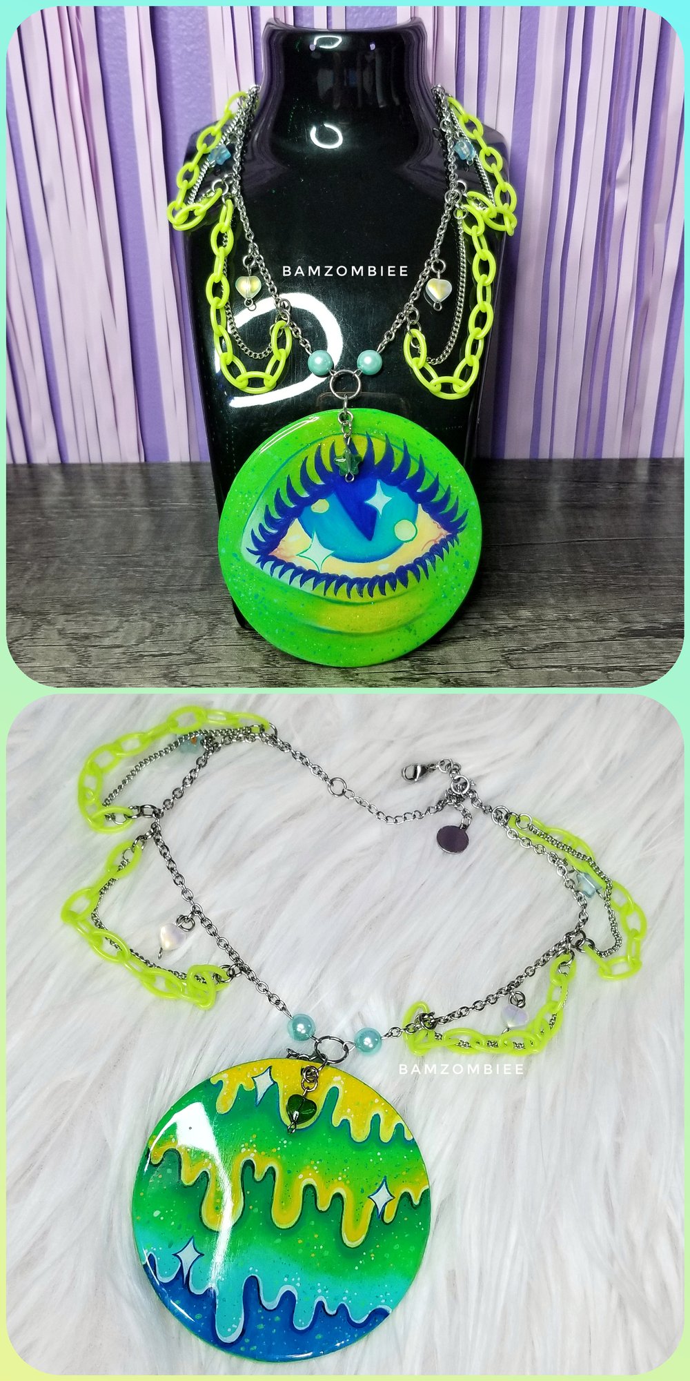 Image of hand-painted green eye & drips necklace