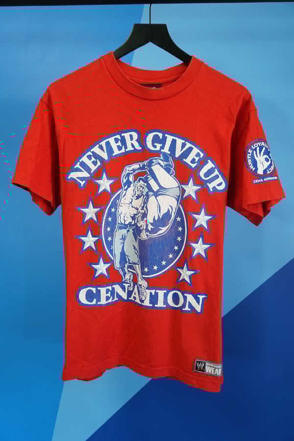 Image of (M) 2008 Red Never Give Up John Cena Wrestling T-Shirt