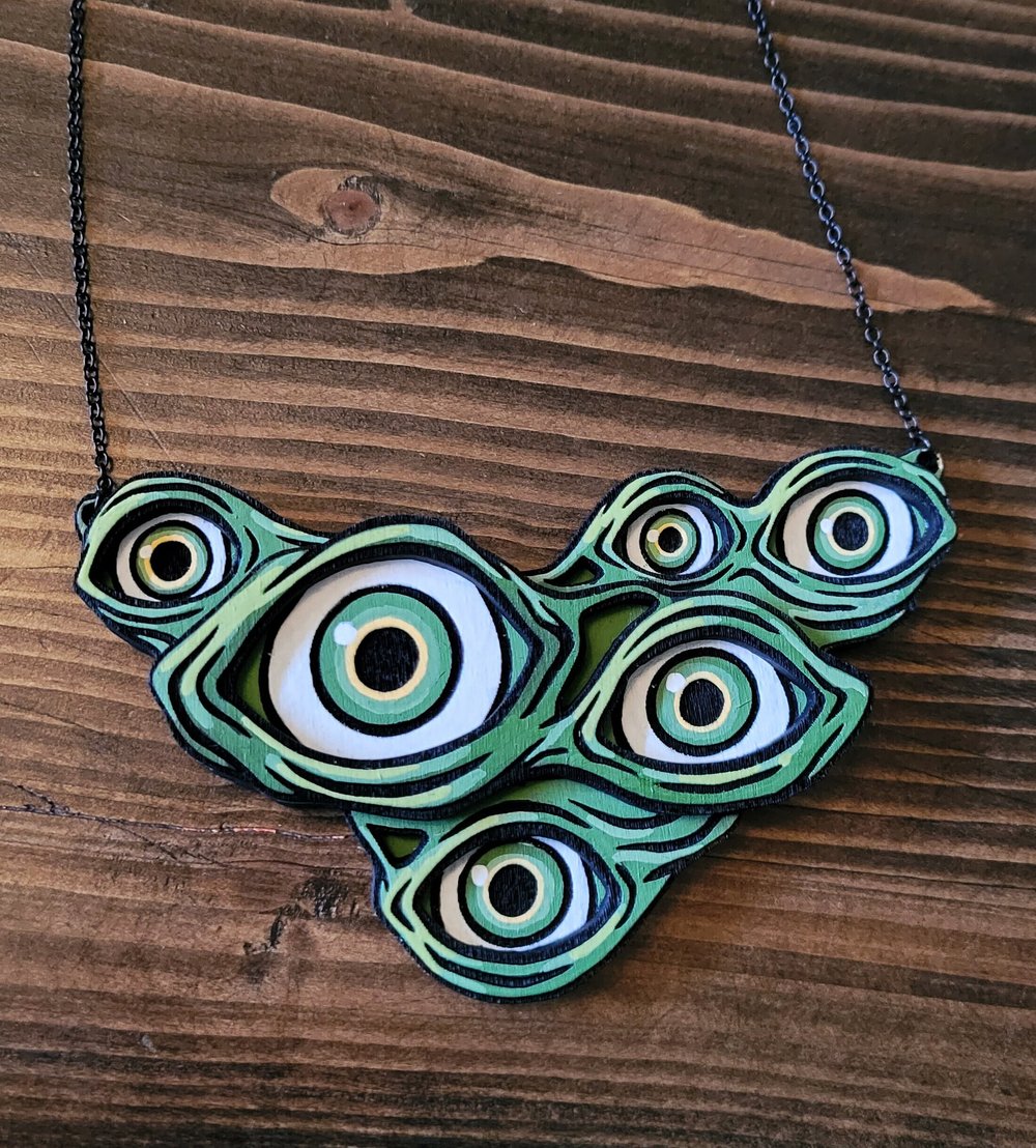Many Gazing Eyes Layered Psychedelic Wooden Hand-painted Statement Necklace