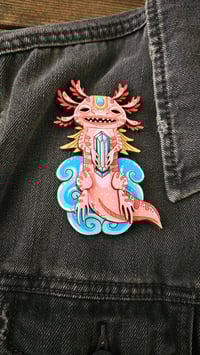 Image 4 of Axolotl Hand-painted 4" Wooden Brooch Pin