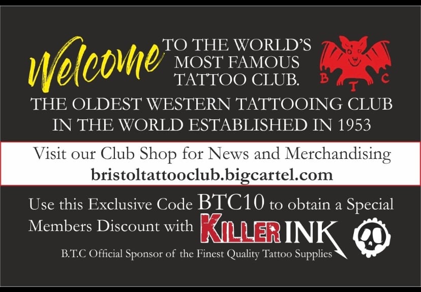 Image of Bristol tattoo club discount  code to all New and existing B.T.C members. Add this to your future o