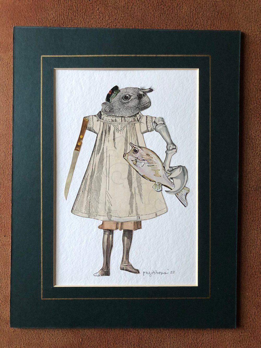 Image of JACQUES the Fishmonger Antique Paper Collage Anthropomorphic Surreal