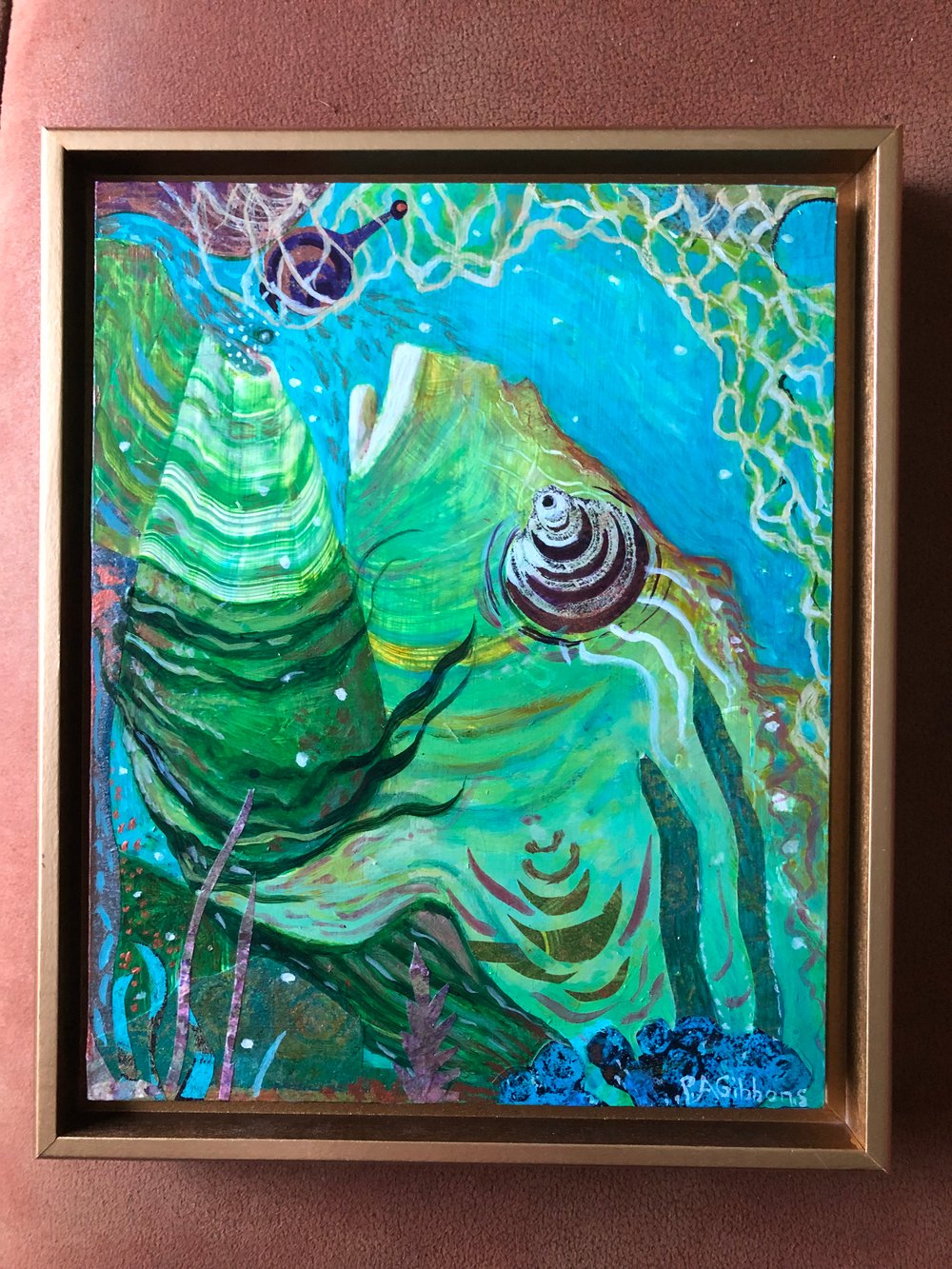 Image of THE FISHERMAN AND THE GENIE Acrylic and Collage on Wood Panel