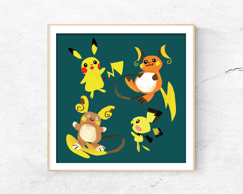 Image of Pikachu, Pichu, and Raichu Print - 8x8"