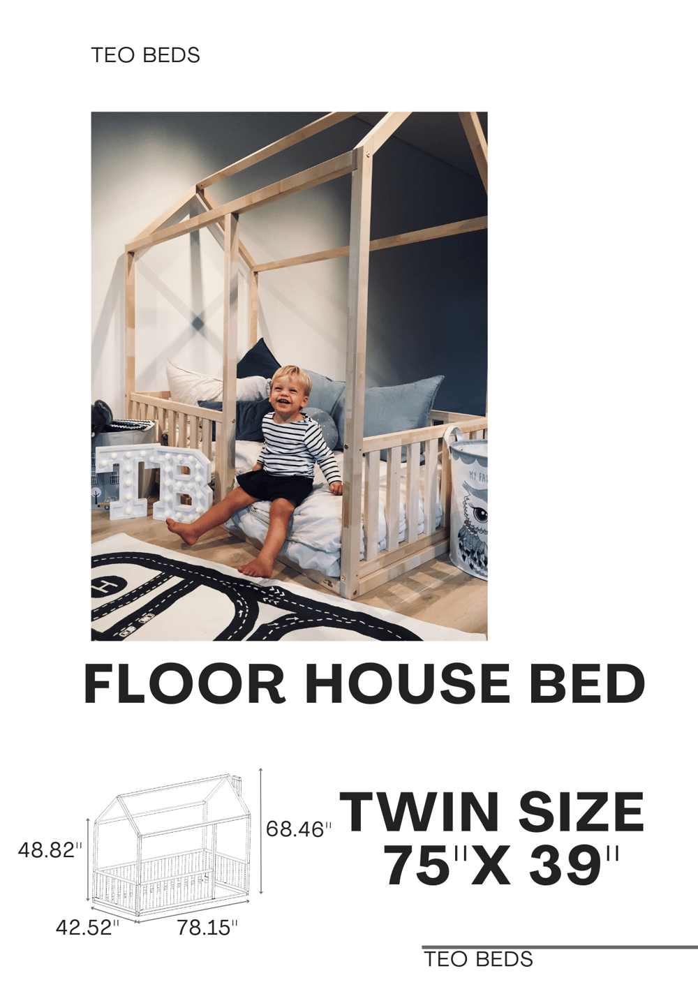 TWIN SIZE  montessori BED 39''x75'' with bed rails Teo Beds' free shipping 