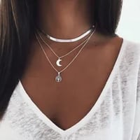 Popular Sterling Silver Triple Layer Necklace with Moon Pendant