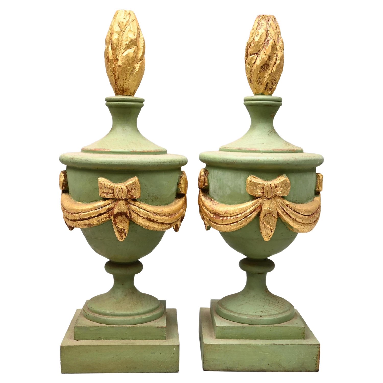 Image of Decorative Pair of Wooden Light Green and Gold Painted Architectural Finials