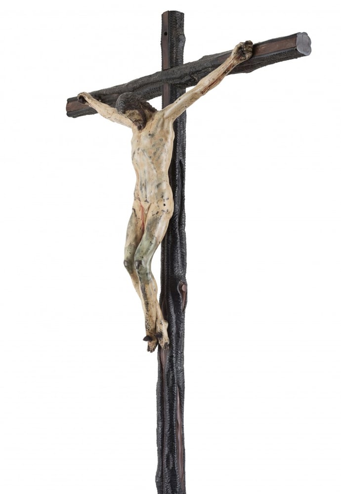 Image of A rare and important painted bronze Crucifix, after a model by Michelangelo