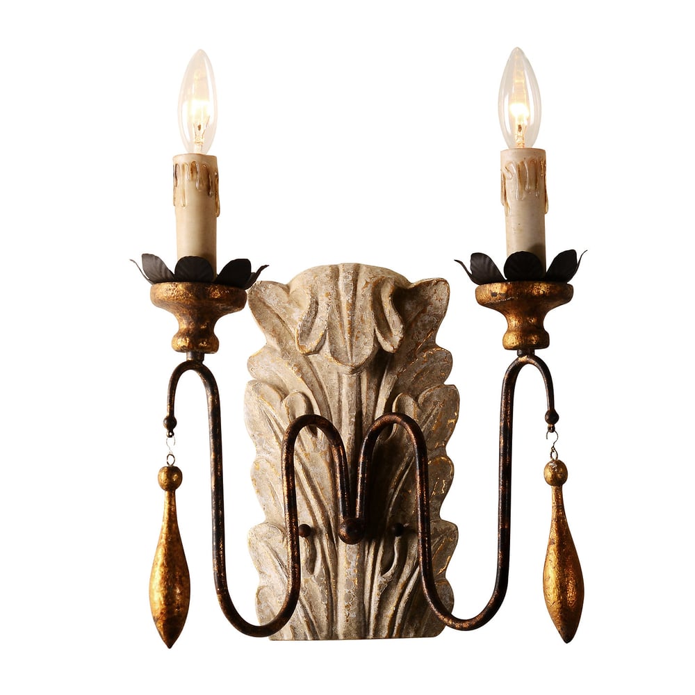 Image of An elegant rustic natural wood foliate motif and iron 2-light wall sconce