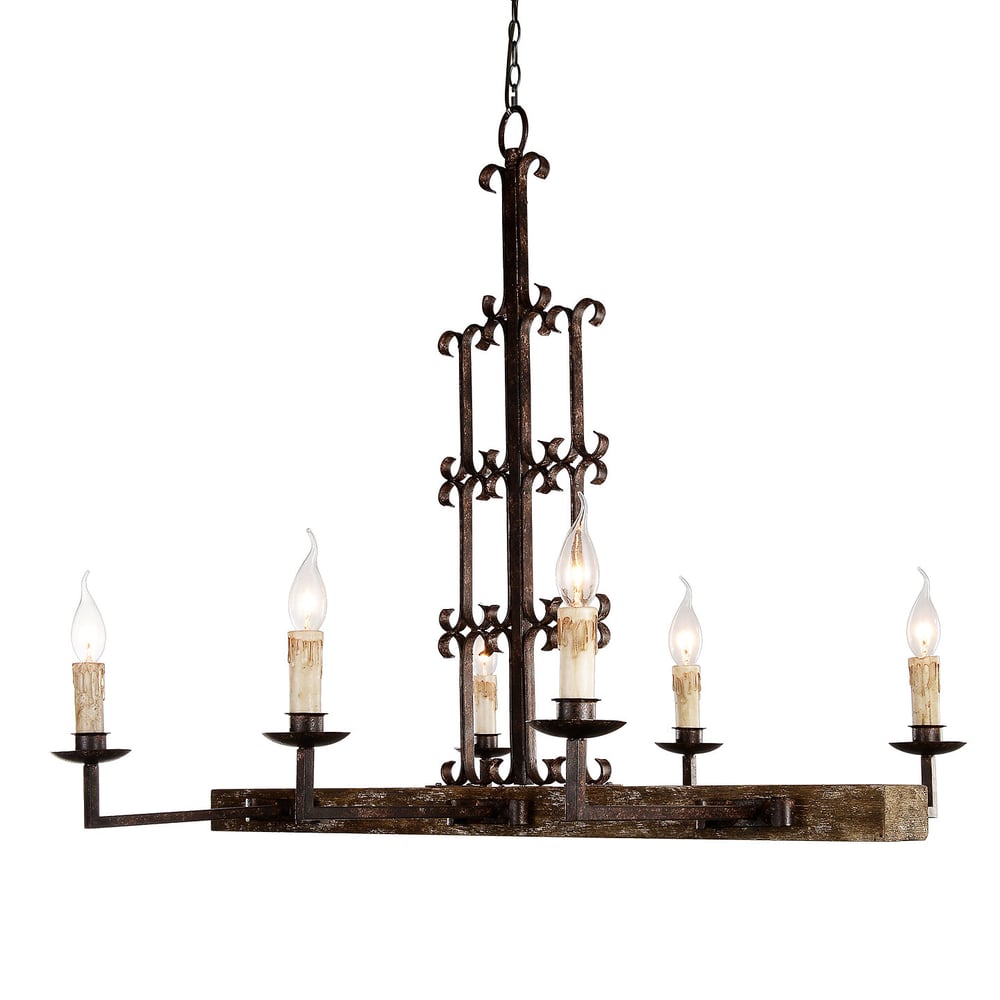 Image of Gothic manner 6-light horizontal iron and wood chandelier