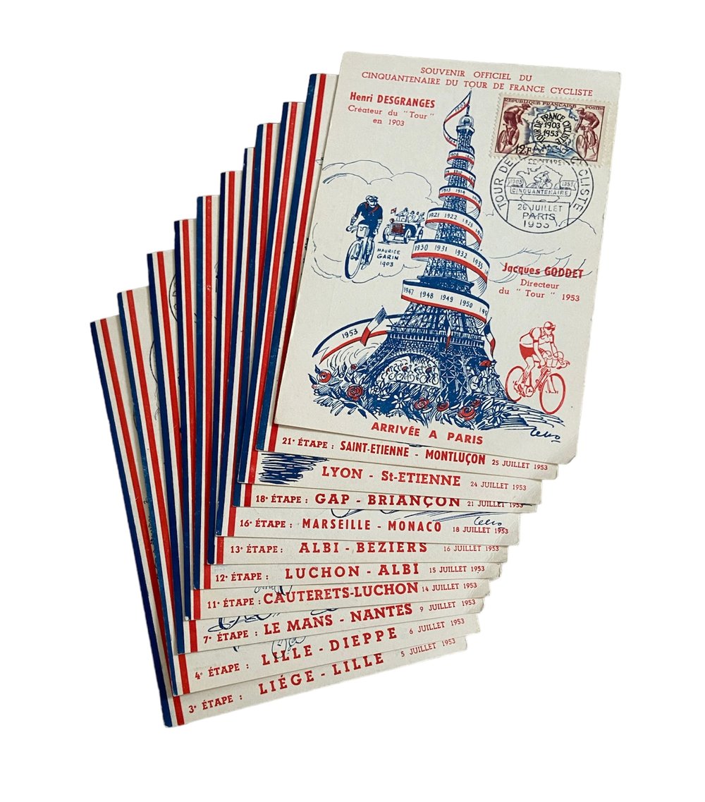 Complete set of 23 postcards/envelopes by Cello from the 1953 Tour de France