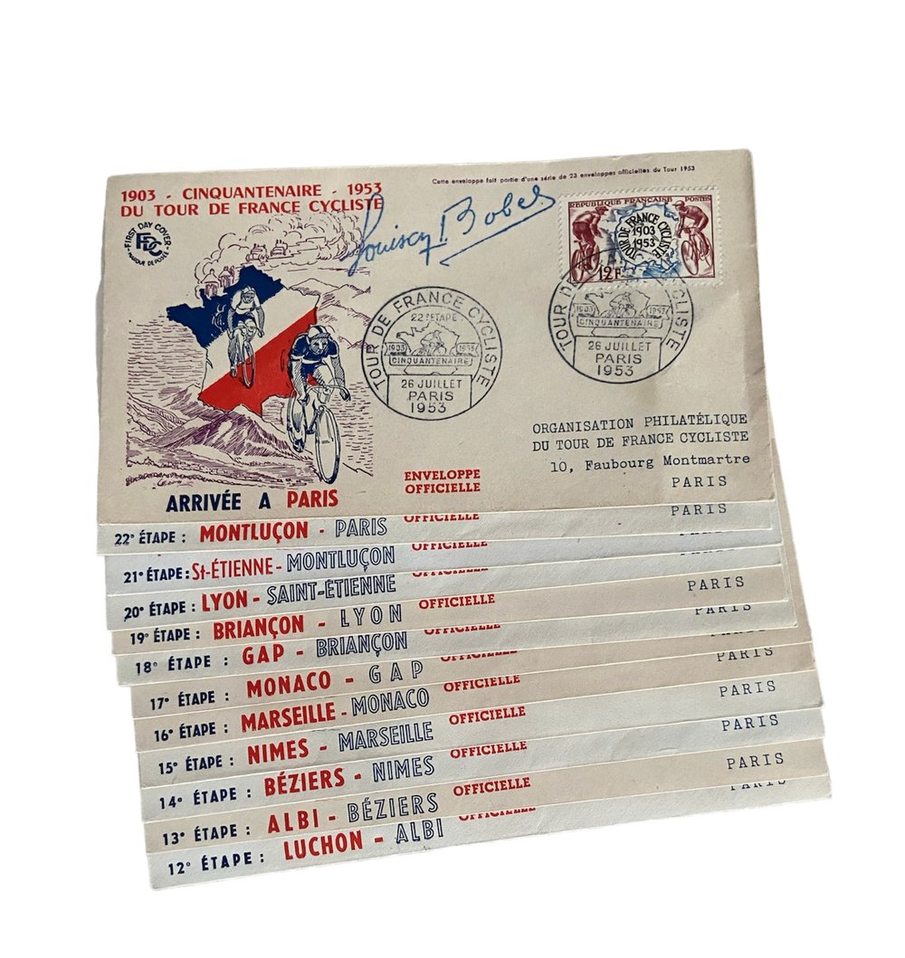 Complete set of 23 postcards/envelopes by Cello from the 1953 Tour de France