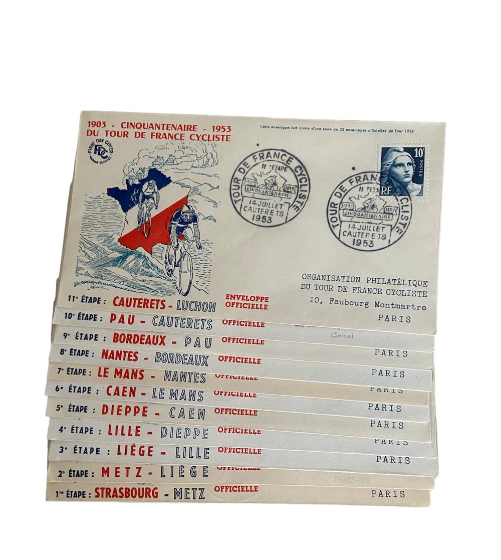 Complete set of 23 postcards/envelopes by Cello from the 1953 Tour de France