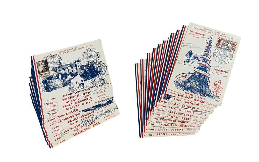 Complete set of 23 postcards/envelopes by Cello from the 1953 Tour de France