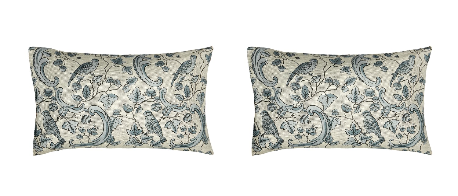 Image of Pair of large Linen Pillow Cushions - Oiseaux - Feuillage - Acanthi-Bird Theme - Designed and Made i