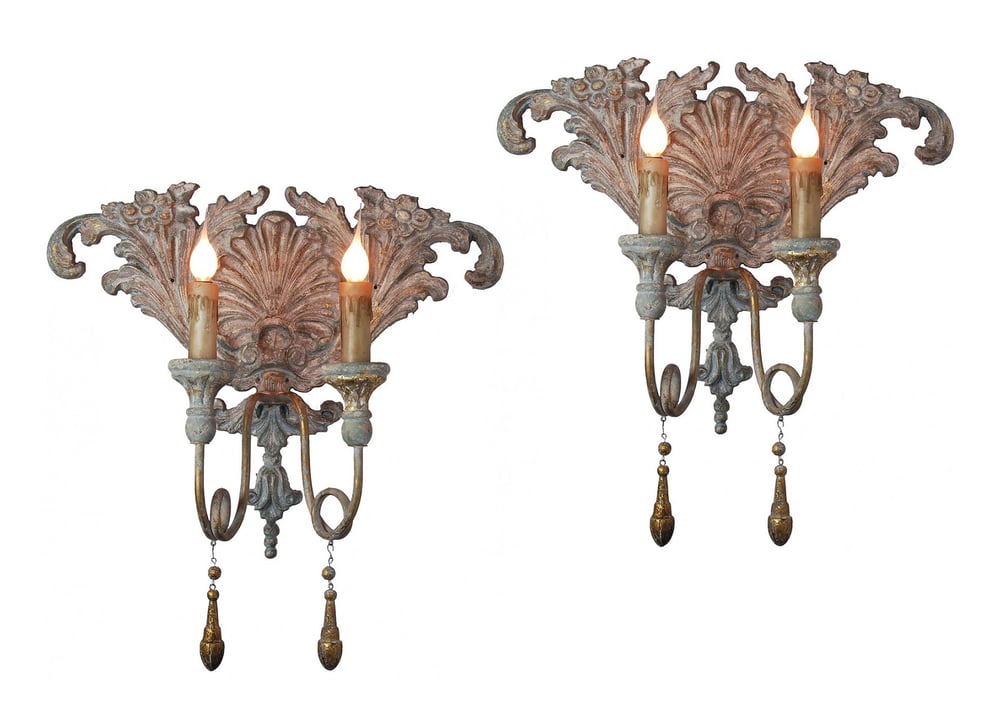 Image of Pair of decorative Old World wall sconces with shell niche and floral motif in blue-gold finish