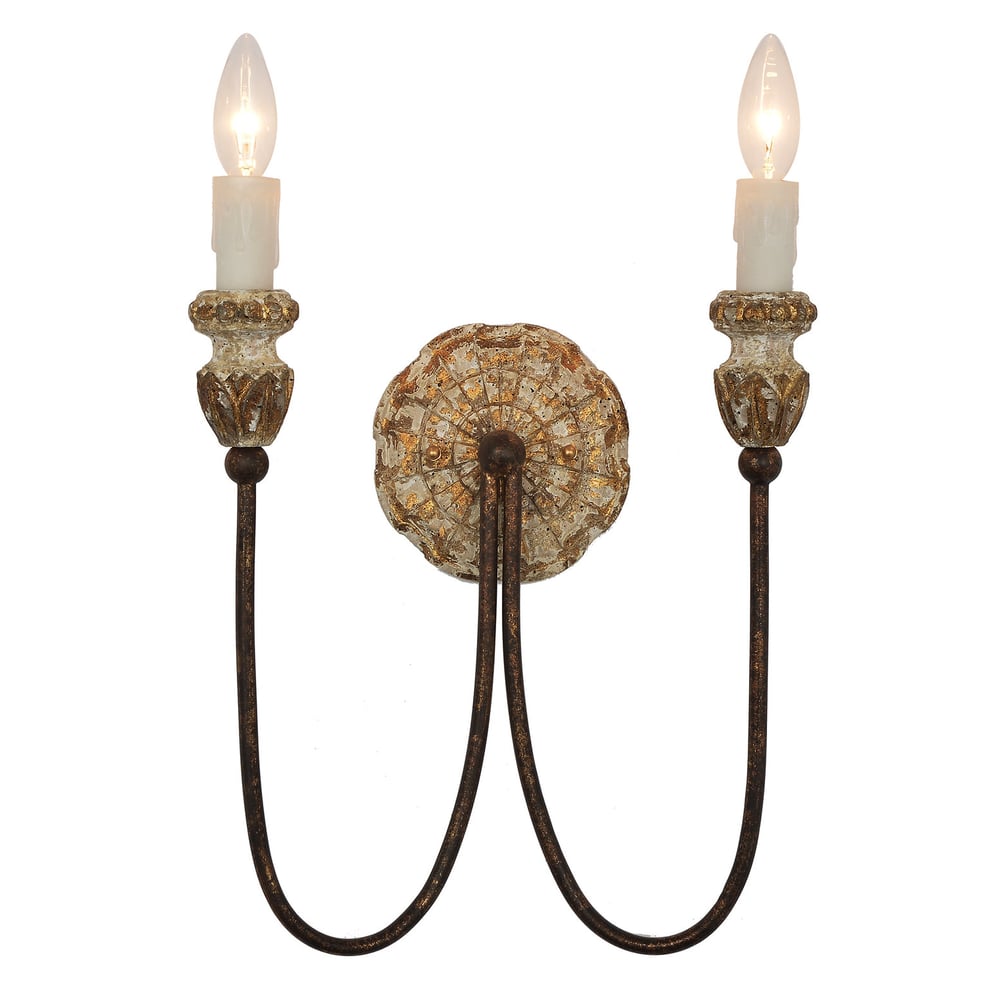 Image of A sophisticated and antiquarian-inspired rustic natural wood and iron 2-light wall sconce