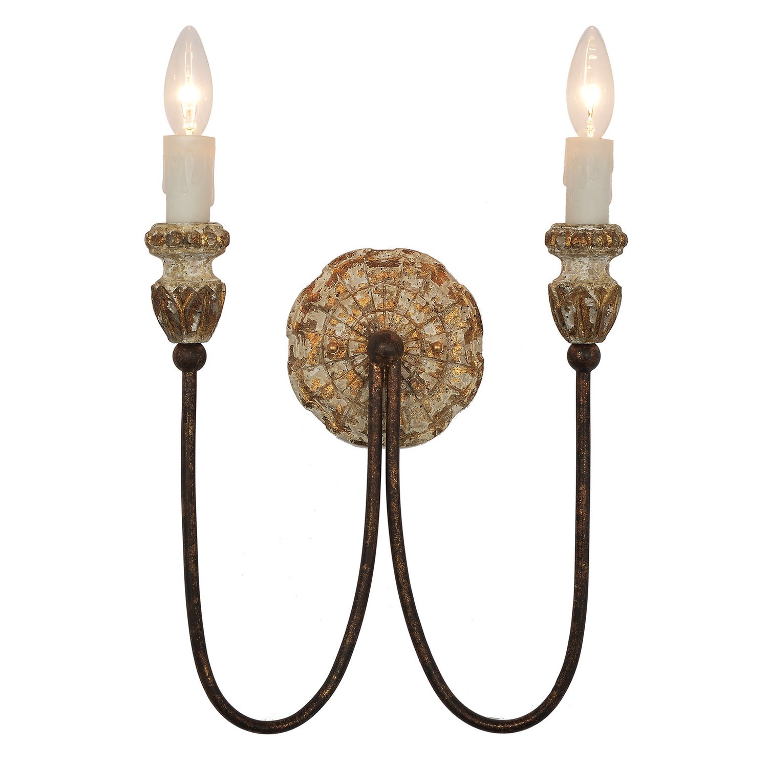 Image of A sophisticated and antiquarian-inspired rustic natural wood and iron 2-light wall sconce