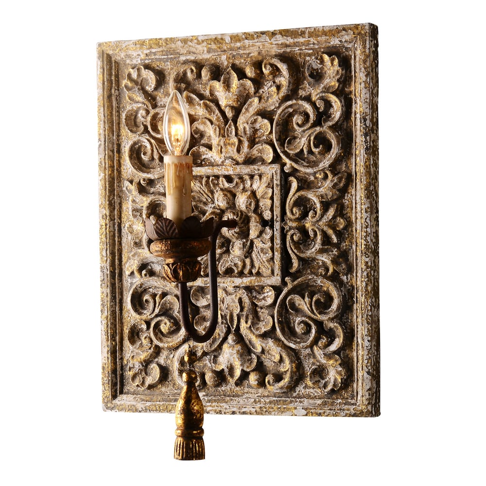 Image of Weathered low relief ornamental wooden plaque single-light wall sconce