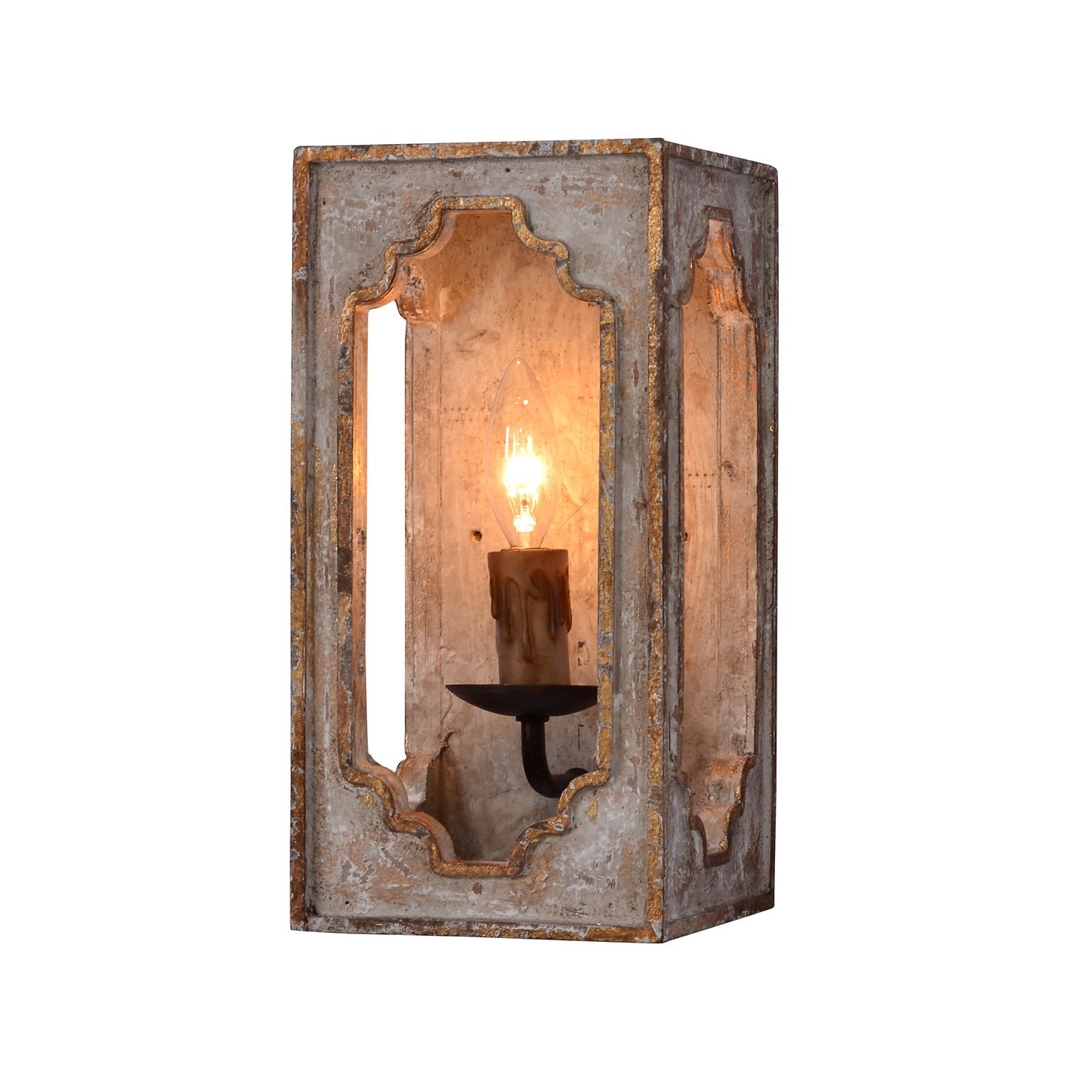 Image of Distressed Rustic mirrored wall single-light shadow-box wall sconce