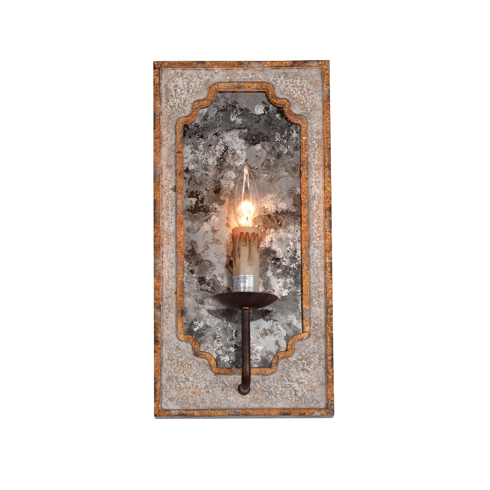 Image of Distressed Rustic single-light wall sconce with Antiqued Mirrored framed backing