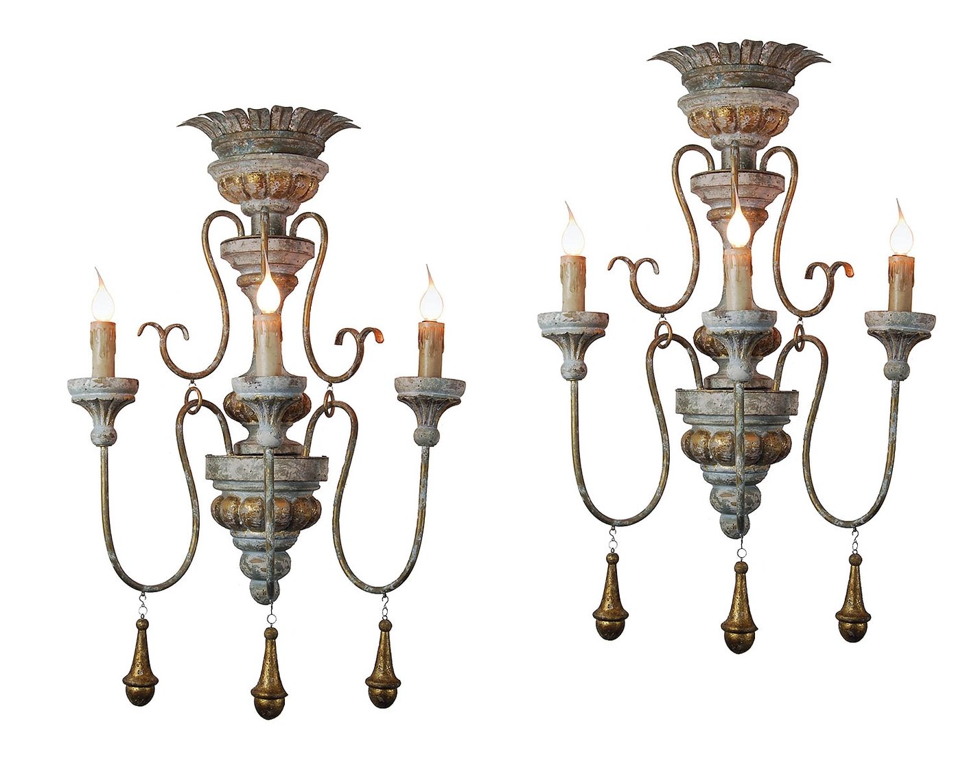 Image of Pair of Distressed antique blue and gold 3-light wall sconces