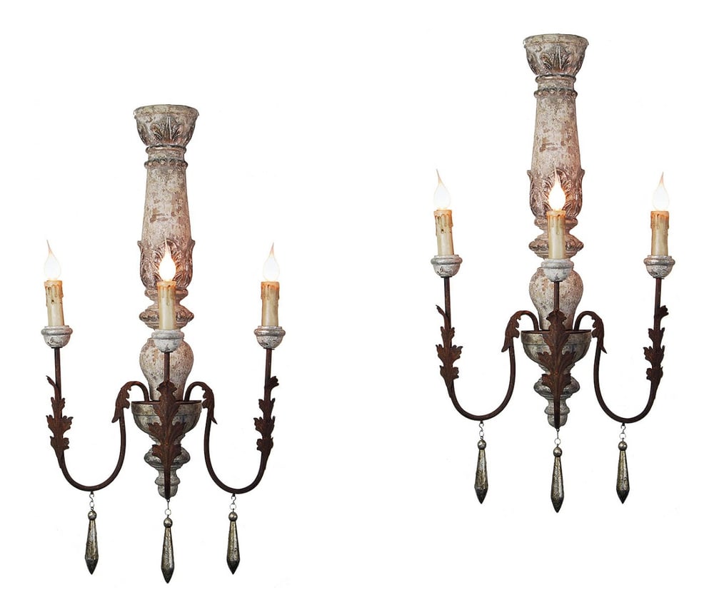 Image of Pair of Distressed silver and gray antiqued 3-light wall sconces