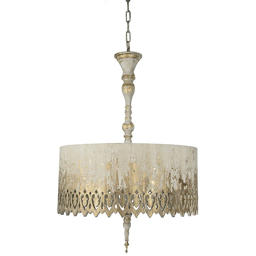 Image of Unique cream and gold 4-light pendant Chandilier with an openwork wooden shade